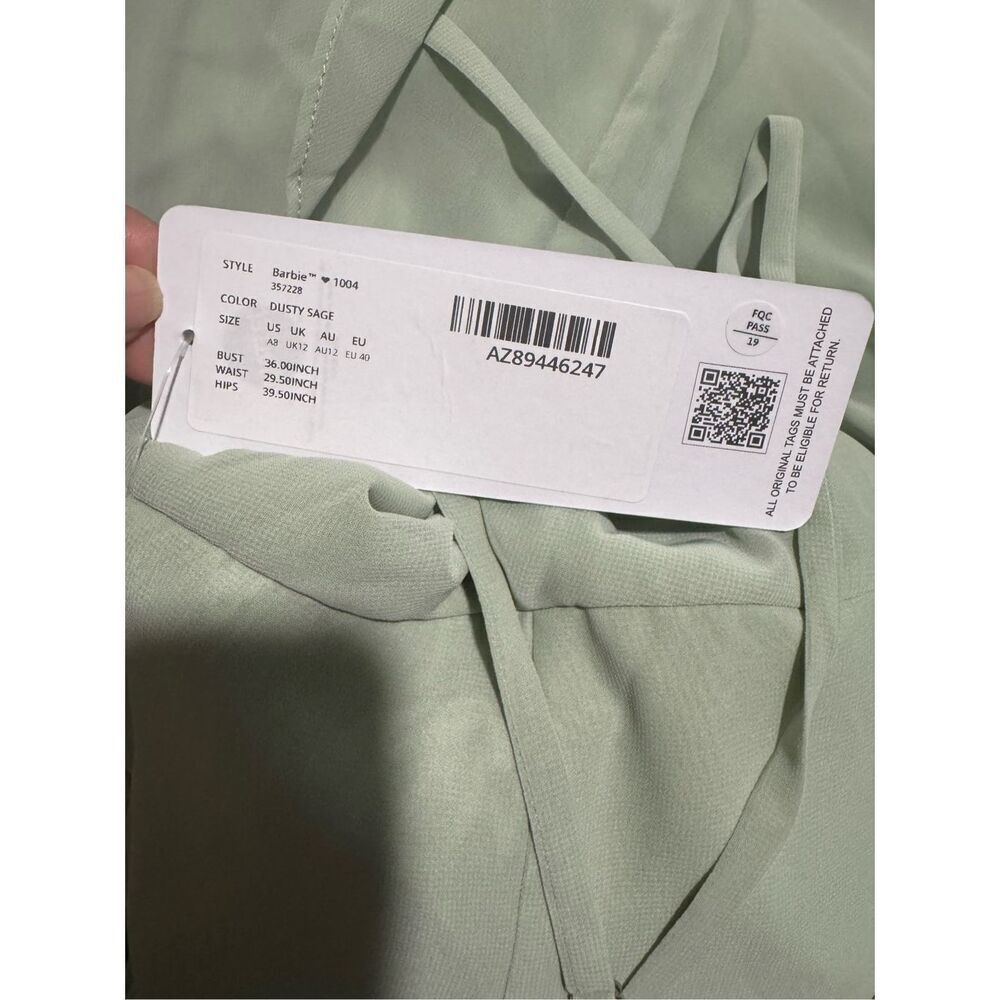 Azazie Barbie NWT  Briadsmaid A8 v neck chiffon tiered a line dress dusty sage A - Picture 7 of 14